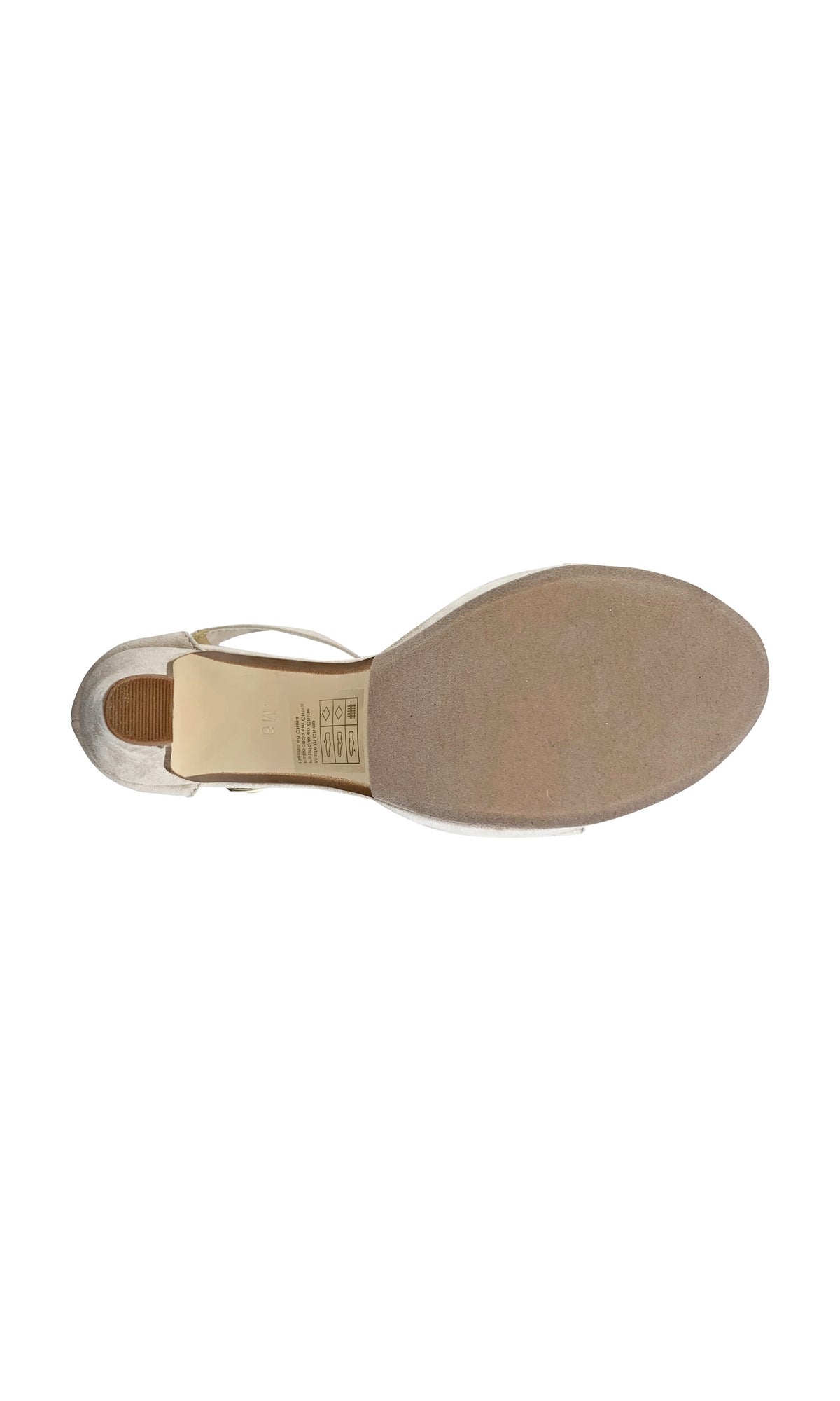 A top view of the Beige Faux Suede Mary Sandal by Touch Ups 4366 shows a pointed toe, beige sole, ankle strap near the heel, and an elegant 4-inch heel.